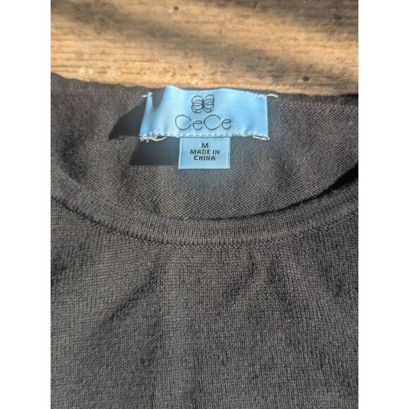 CECE Mixed Media Sweater M Black Sheer Floral Sleeve Cotton Knit Top - Picture 4 of 8